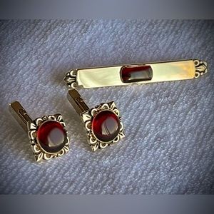 Vintage midcentury Swank cufflinks and tie clip, gold tone with red cabochons